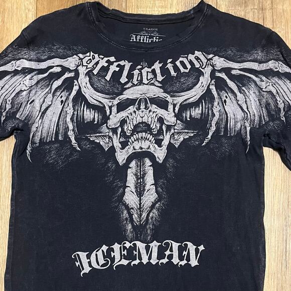 VTG Y2K AFFLICTION UFC Chuck Liddell Iceman Thermal Shirt XL Skull Cross USA Blk - Picture 3 of 7